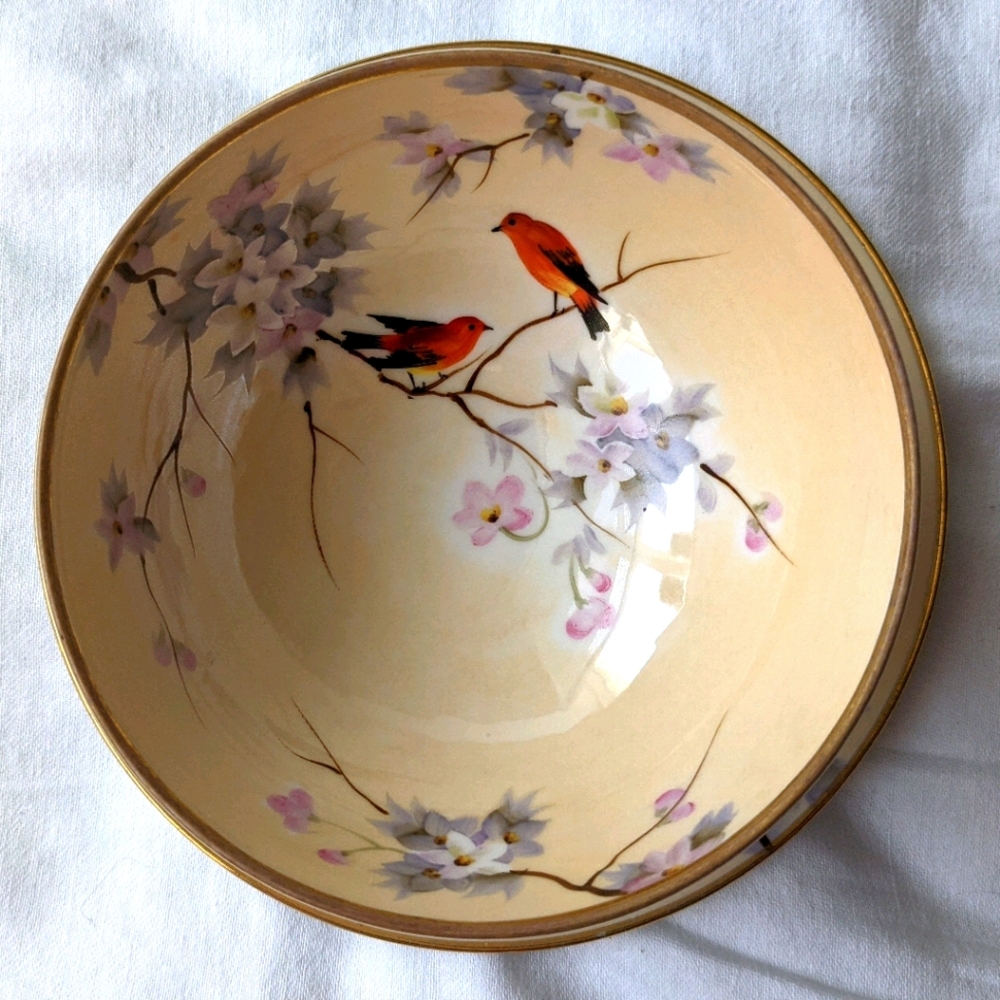 Vintage Noritake Art Nouveau Porcelain Birds Bowl and Saucer Set